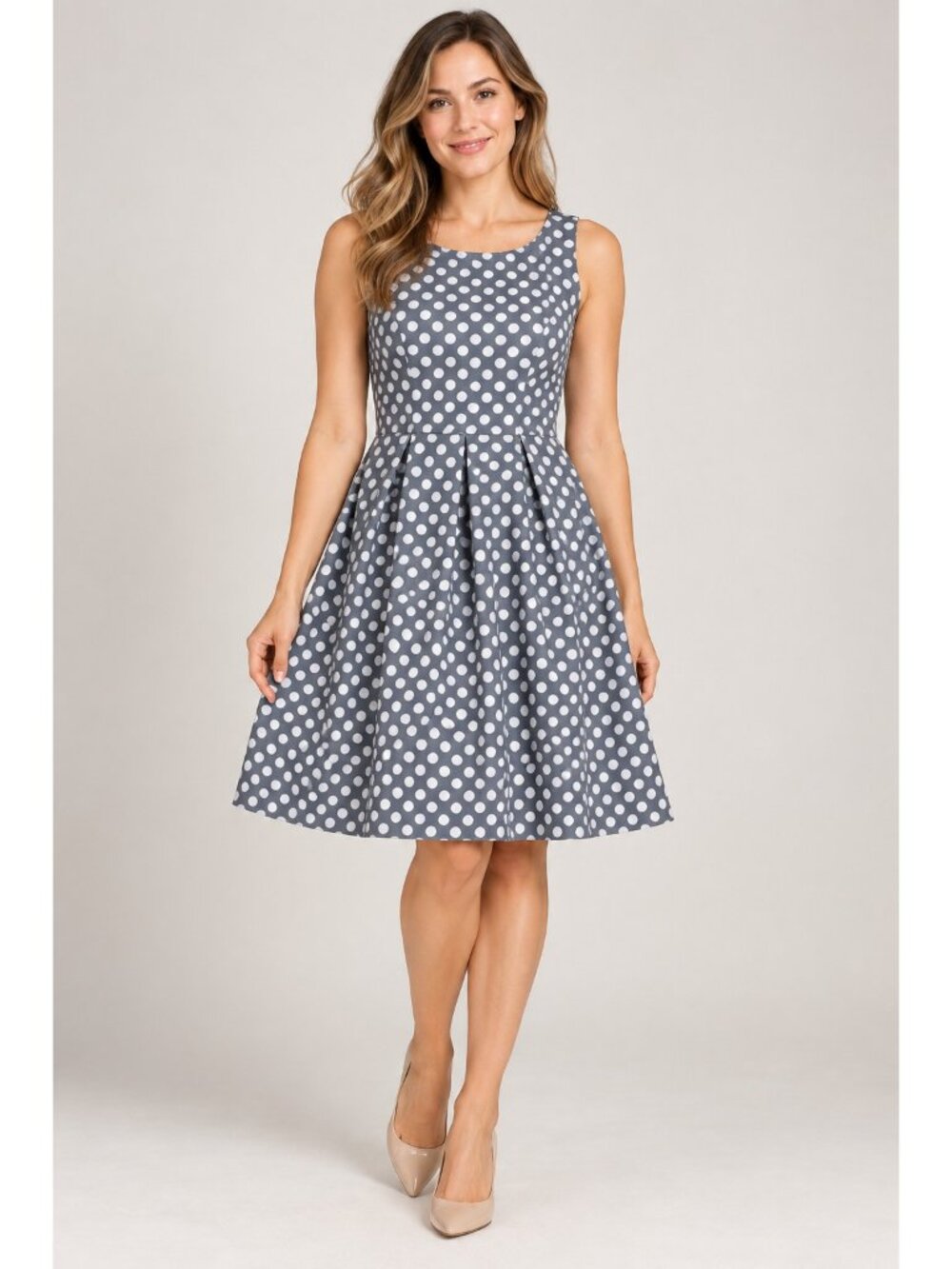 Womens Jacob Gray Polka Dot Fit & Flare Dress Medium Sleeveless Pleated A-Line